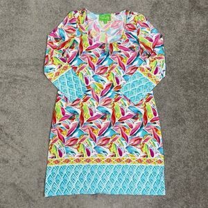 Pappagallo Green White Pink Floral Print Shift Dress Flutter Sleeve Size M